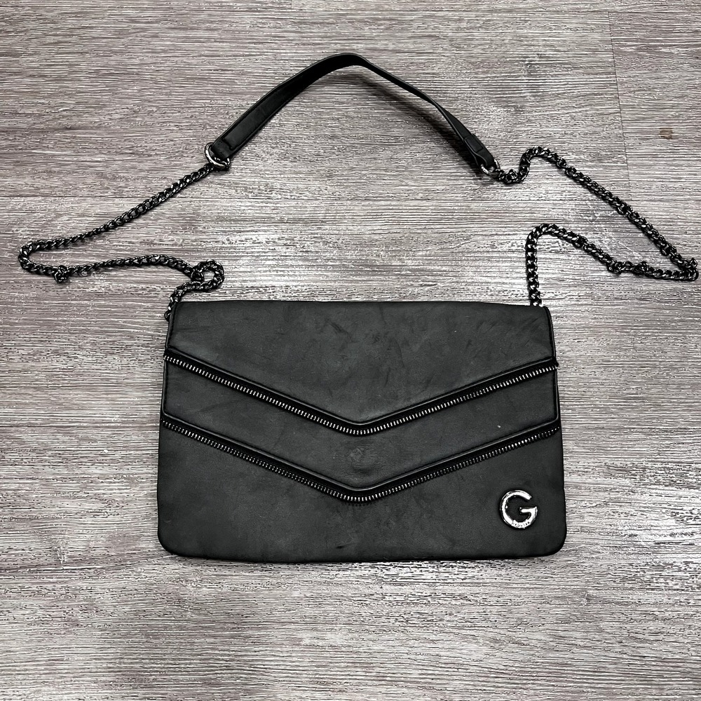 G By Guess Clutch Bag Black Faux Leather Flap Preppy‎ Envelope Zip Chain